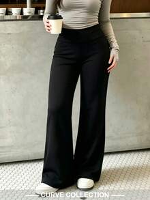 Plus Size Women's Solid Color Elastic Waist Flare Casual Long Pants - Black - View 6