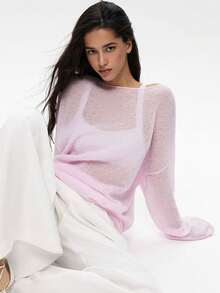 Pink Women Sheer Hollow Mesh Knit Pullover, Loose Long Sleeve Boat Neck See‑Through Layer Top Casual Fall Winter Sweater - Pink - View 2