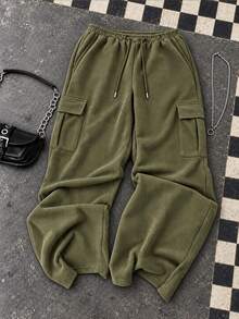 Pantalon cargo à jambes larges en daim vert pour femmes, automne/hiver, taille élastique avec cordon de serrage, pantalon décontracté ample et fluide, pantalon long décontracté - Militaire verte - Voir 2