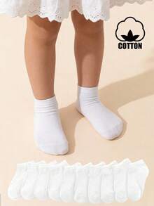 10 Pairs Pure Cotton Children Mid-Calf Socks, Solid Color Casual Comfortable Versatile Student Socks - White - View 1