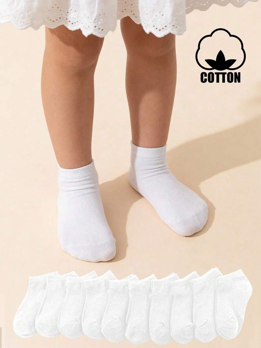 10 Pairs Pure Cotton Children Mid-Calf Socks, Solid Color Casual Comfortable Versatile Student Socks - White - View 1