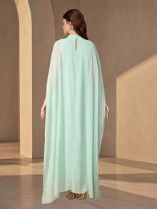Elegant Long Women's Abaya, Mint Green, Stand Collar Batwing Sleeve Design, Decorated With Applique, Embroidery And Pearls Fall - Mint Green - View 2