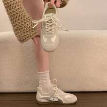 Women's Colorblock Lace-Up Thick Sole Height-Increasing Fashion Versatile Casual Sports Shoes Lightweight Comfortable Commuting Training Shoes - Off White - View 5