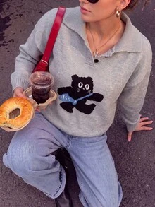 Autumn Polo Collar Cartoon Cat Pattern Knit Sweater, Thanksgiving Outfit, Suitable For Weekend Campus Daily Dating And Casual Outings - Grey - View 2