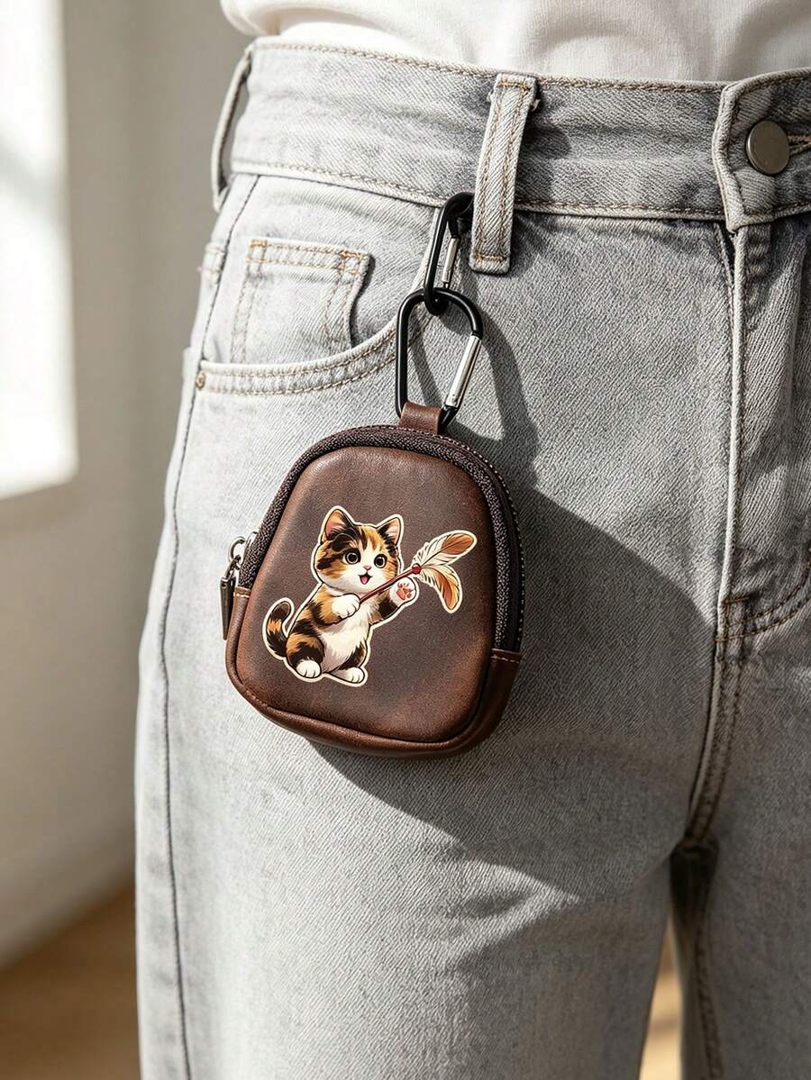 Cute Cat Print Mini Zipper Key Pouch With Carabiner, Portable PU Leather Coin Purse Earphone Storage Bag, Japanese Style Cute Small Accessory Gift