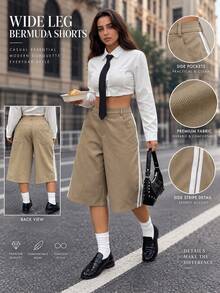 Women's Plus Size Casual Commute Vintage Minimalist Shorts With Pocket Design Mid-Split Shorts Summer - Khaki - View 1