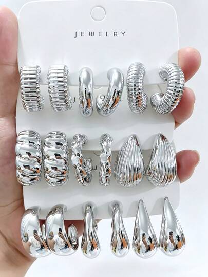 Juego de 6/18 piezas de pendientes de moda, pendientes largos elegantes con forma de C exagerada y extragrande, juego de pendientes de serie de varios estilos adecuado para uso diario y festivo para mujeres, hecho de resina ABS con chapado de plata UV que no se desvanece