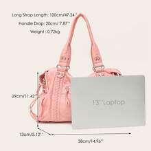 STEPHIECATHY Women's Casual Street Style Soft Washed PU Faux Leather Zipper Closure Zipper Pocket Braided Decor Large Capacity Fits 13 Inch Laptop Slouchy Tote Bag - Pink - View 9