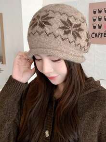 1PC Women's Jacquard Rolled Edge Knitted Beanie, Autumn/Winter Head-Covering Ear-Protective Cold Hat, Large Head Circumference Warm Woolen Slouchy Hat - A - View 5