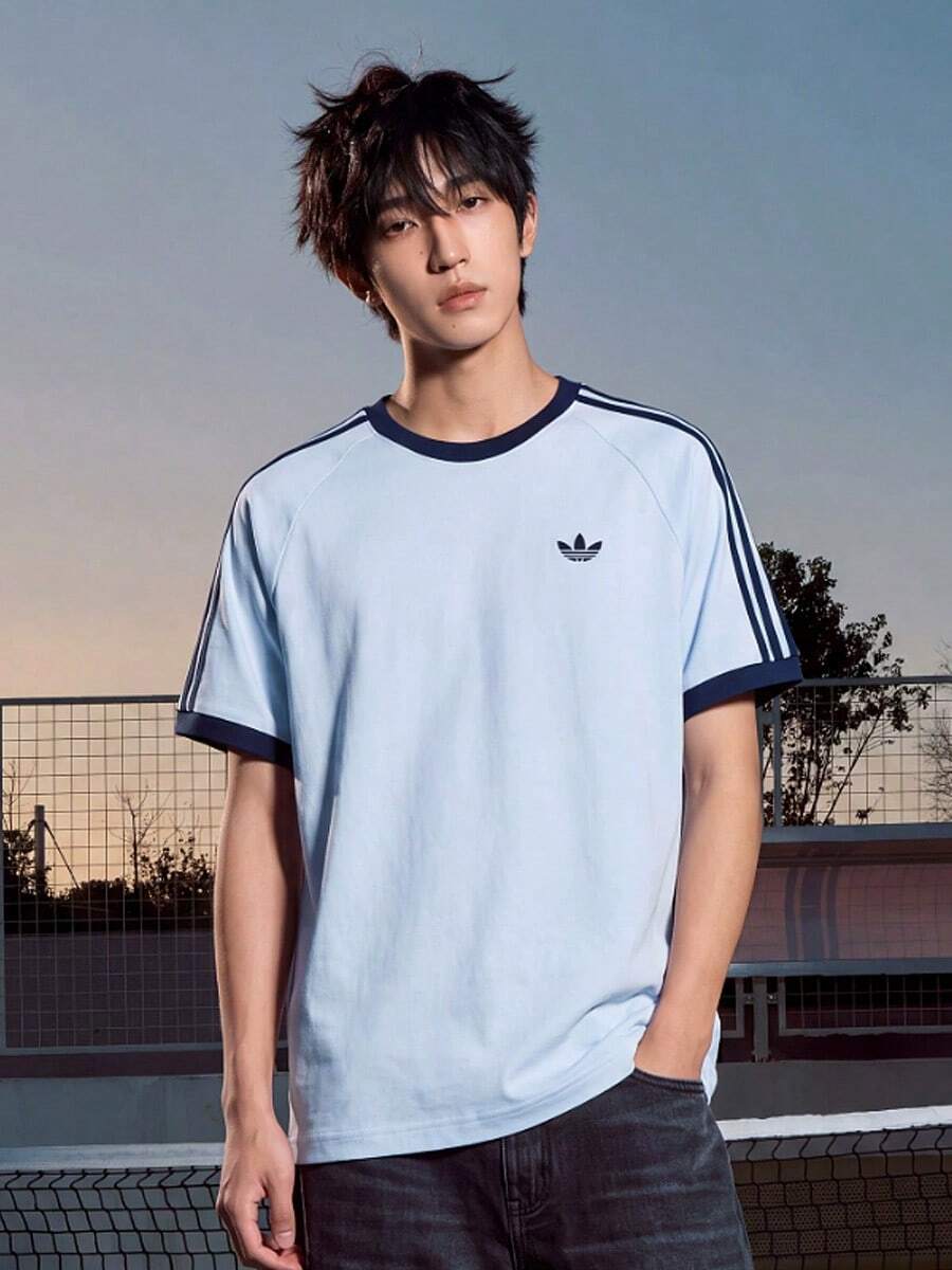 Adidas Originals CALI Men's Short Sleeve Fashion Versatile Retro Minimalist Crew Neck Striped T-Shirt Blue - Blue - View 1