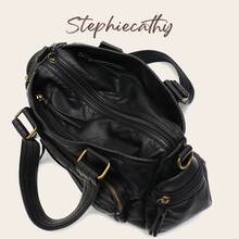 STEPHIECATHY Solid Color Washed Soft PU Faux Leather, Zipper Closure, Multi-Pocket Design, Dual Short Shoulder Straps, Adjustable Waist Belt, Unisex, Retro Casual Practical, Suitable For School & Daily Commute - Black - View 5