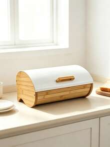 Bread Box With White Roll Top Lid, Large Capacity Food Storage Bin, Farmhouse Kitchen Countertop Bread Keeper, Vintage Bread Container For Loaf, Baguette, Croissant, Home Kitchen Food Storage Organizer, Rustic Kitchen Decor - View 11