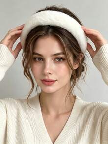 White Faux Rabbit Fur Headband For Women,Thick Plush Fluffy Hair Hoop, Winter Warm Non-Slip Hairband, Cute Solid Color Hair Accessory For Daily Makeup - Multicolor - View 3