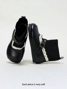 Baby Girl Vintage Mary Jane Shoes, PU Leather Lace-Up Knitted Socks Soft Sole, Autumn/Winter - Black - View 5