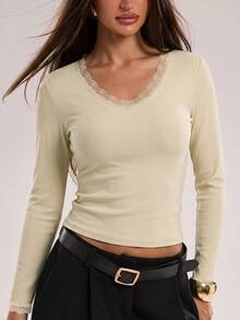 Women's Solid Color V-Neck Long Sleeve Slim Fit Cropped T-Shirt, Suitable For Spring, Autumn And Summer - Apricot - View 5