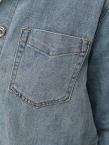 Women's Cropped Denim Shirt, Long Sleeve, Button Front, Collar, Chest Pocket - Blue - View 6