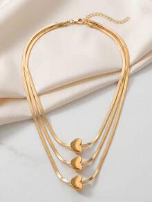 1pc Fashionable Exquisite 3-Layer Flat Snake Chain Heart Pendant Layered Collarbone Necklace, Suitable For Women's Daily Wear, Holiday Gift And Birthday Gift - Gold-heart - View 2