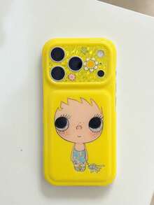 1PC Glossy Yellow Cartoon Big Eye Girl Phone Case, Glitter Floral Camera Frame, 3D Puffy Soft Full Coverage Protective Cover, Cute Girly Creative Niche Anti-Drop Case Compatible With Apple 17/16/15 Pro Max/15 Pro/15/15Plus/14 Pro Max/14 Pro/14Plus/14/13 Pro Max/13 Pro/13 Multiple Models - Yellow - View 7