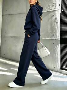 Women's Solid Color Hoodie & Pants Set, Casual Loose Drawstring 2 Pieces Set, Suitable For Winter Daily Wear - Navy - View 6