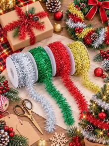 1pc/4pcs Christmas Tinsel Garland Roll Sparkle Metallic Foil Ribbon For Christmas Tree Decoration Gift Wrapping Present Box Bow Making Holiday Party Supplies Diy Craft Decor Silver Gold Red Green - Christmas Decorative Ribbon - View 9