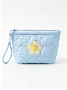 Quilted Heart-Shaped Makeup Bag With Knitted Flower, Lipstick Storage Pouch, Soft Candy Color Toiletry Bag, Multiple Colors Available, Perfect Gift For Middle East National Day, Halloween, Christmas - Multicolor - View 13