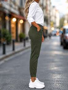 Fashion Women Casual Comfortable Drawstring Waist Pants Spring - Army Green - View 3