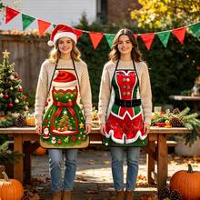 2Pcs Red Green Christmas Dress Pattern Halter Apron For Couple Family Gathering Kitchen Photo Decor - Multicolor - View 5