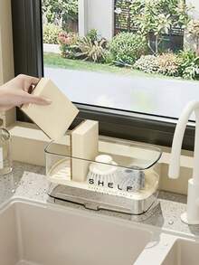 Multifunctional Self-Draining Sponge Holder Space Saver Minimalist Sink Caddy For Brush Scrubber Towel Rustproof Countertop Organizer Dish Soap Dispenser Organization Kitchen Bathroom House Home Decor Cleaning Essentials Accessories - Multicolor - View 6