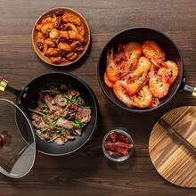 EZIFY Mirror Non-Stick Handcrafted Cast Iron Wok, Splash-Guard With Wooden Knob Lid, Rust-Resistant Heavy-Duty Even Heat Structure, Healthy Kitchen Essential. - View 3