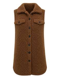 Plus Size Teddy Fleece Vest With Lapel Collar, Front Button Sleeveless Lambswool Vest With Pockets, Casual Warm Outerwear For Autumn/Winter - Brown - View 5