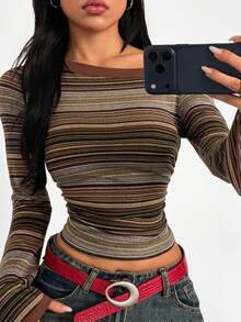 Women's Vintage Colorful Striped Bell Sleeve Top, Asymmetrical Shoulder Fitted Cropped Long Sleeve T-Shirt - Multicolor - View 2