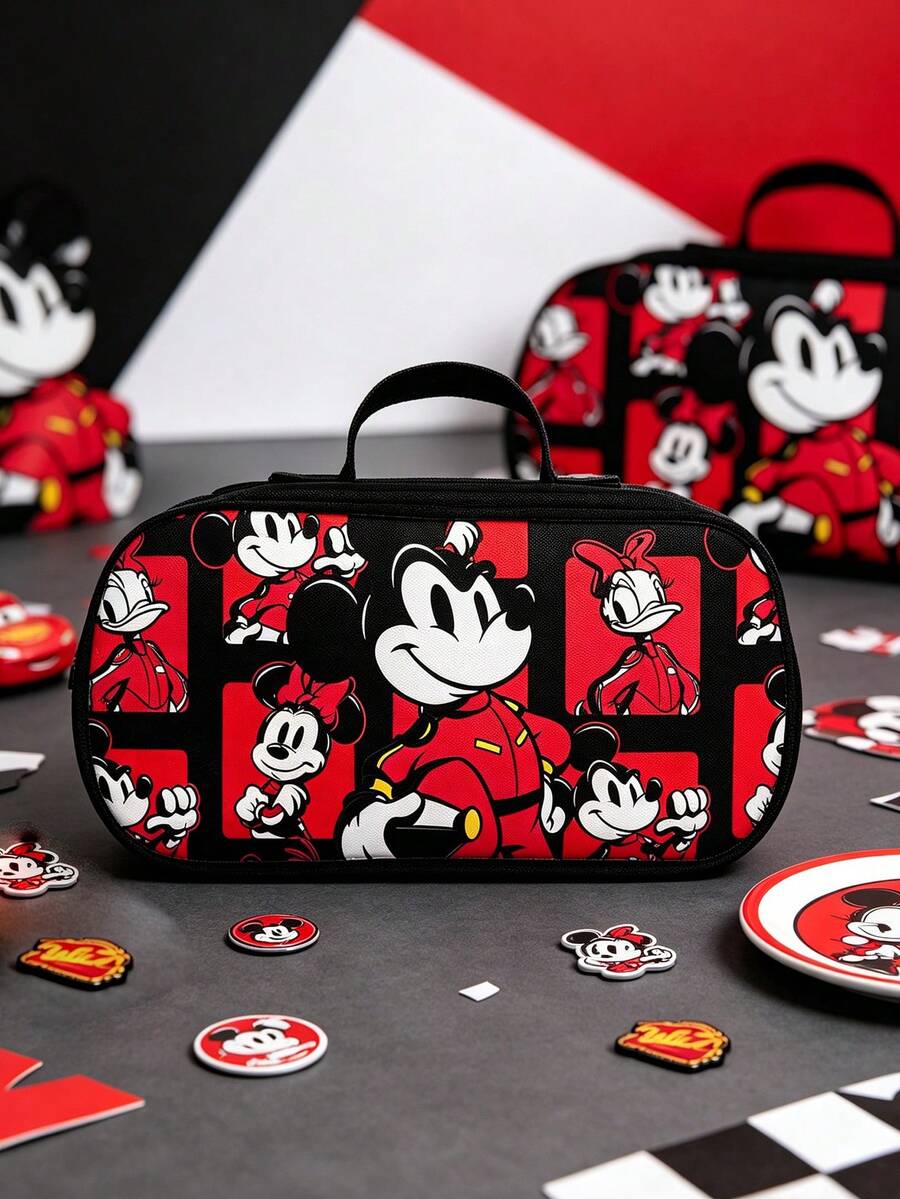 Disney 1pc Cute Cartoon Mickey Mouse Large Capacity Pencil Case, Multi-Function Student Stationery Storage Organizer Bag With Handle - Multicolor - View 1