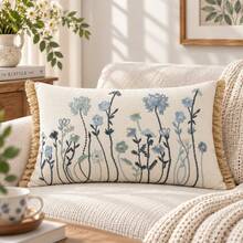 Embroidered Wildflower Throw Pillow Cover, Rustic Floral Decorative Cushion Cover With Fringe Trim, Farmhouse Fall Home Decor For Sofa Couch Bedroom, 1pc - Dusty Blue - View 10