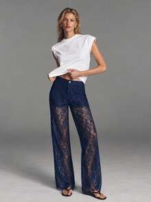 Zerodot Women Navy Blue Floral Lace High Waist Sheer Straight Fit Pants Going Out Spring Fall Pre Fall - Royal Blue - View 1