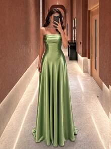 UNITHORSE Spaghetti Strap Lace-Up Backless Satin Evening Gown Dress - Avocado Green - View 4