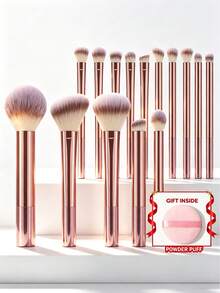 Set Kuas Makeup 15 Buah dan 1 Hadiah Kuas Makeup, Kuas Kosmetik Lembut dan Padat untuk Alas Bedak, Bedak, Perona Pipi, Concealer, Contour, Highlight, Kit Kuas Makeup Wajah & Mata Lengkap, Pegangan untuk Pemula Makeup dan Aplikasi Makeup Sehari-hari & Pesta - Berwarna merah muda - View 12