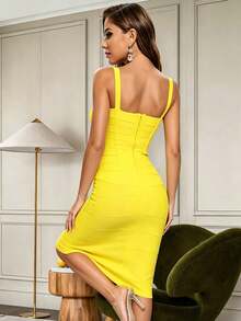 Women's New Strappy Elastic Bandage Midi Dress, Sleeveless Sexy Party Gown - Yellow - View 3