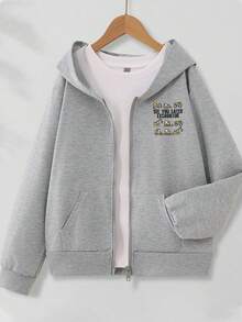Boys Light Gray Zip-Up Hooded Coat, Construction Vehicle Cartoon "See You Later Excavator" Back Print Casual Jacket - Grey - View 2