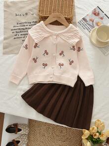 bearleader Girls' Winter Cute Floral Embroidered Knit Sweater Set, Large Collar Long Sleeve Top With Short Pleated Skirt, 2-Piece Set - Coffee Brown - View 3