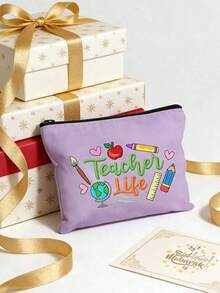 Portable Cosmetic Organizer For Teachers, "Teacher Life" Faux-Embroidery Style Print (2d); Travel Toiletry Bag. Large Capacity Stationery Pencil Case, Suitable For Commuting, Travel, Unique Teacher's Day, Back To School, Birthday, Party Gift - Multicolor - View 8