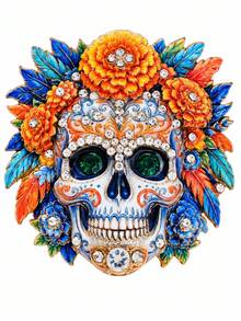 1pc Floral Sugar Skull Day Of The Dead Bag Charm, Vintage Gothic Brooch Pin, Unisex Autumn Halloween Party Costume Backpack Accessory - Multicolor - View 1