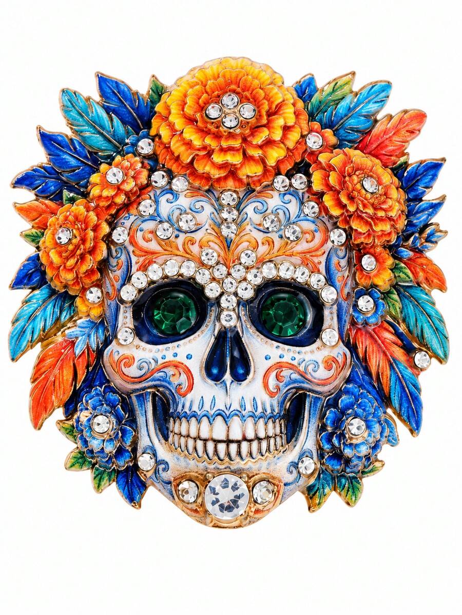 1pc Floral Sugar Skull Day Of The Dead Bag Charm, Vintage Gothic Brooch Pin, Unisex Autumn Halloween Party Costume Backpack Accessory - Multicolor - View 1