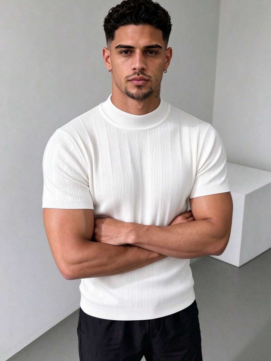 ZYNTH BALENO Sweater Lengan Pendek Bergaris Vertikal Kerah Tinggi untuk Pria, Cocok untuk Olahraga di Gym dan Aktivitas Luar Ruangan - Putih - View 1
