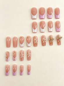 24pcs Long Square 3D Gel Press-On Nails, Pearl Decor, Floral And French Styles, Perfect Fit For Fingertips. Set Includes: 1pc Jelly Glue And 1pc Nail File - Multicolor - View 4