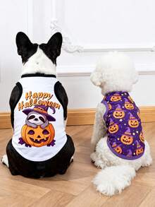 LUCKIE LABO 2pcs Halloween Raccoon & Pumpkin Print Anti-Flea, Shedding Reducing, Insulating, Breathable Black Vest For Cats & Dogs, Indoor & Outdoor Use - Multicolor - View 2