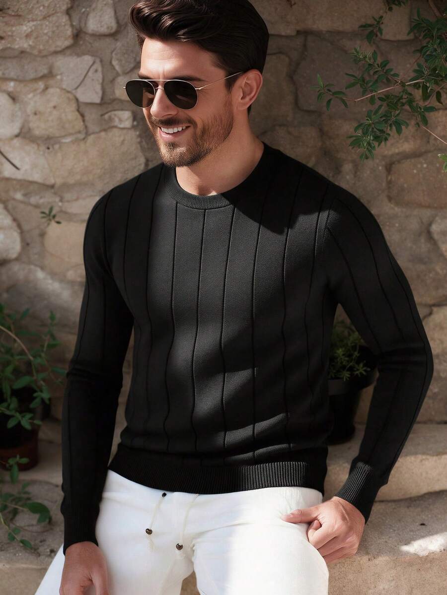 ALTZTAR Men's Casual Ribbed Knit Sweater, Round Neck, Minimalist Fashion Suitable For Daily Wear - Black - View 1