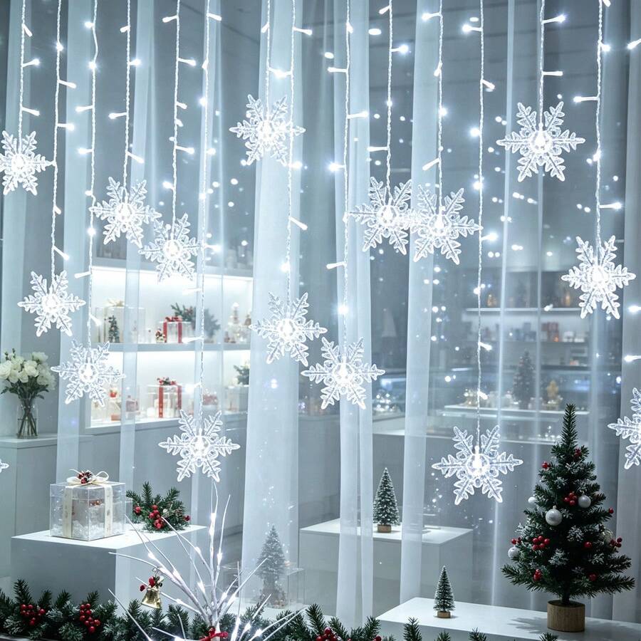 1PC 96‑LED Snowflake Curtain String Lights, USB Powered Fairy Night Lamp With 8 Light Modes, Warm / Multicolor / White Light, Hanging Window Backdrop Atmosphere Light For Home Bedroom, Christmas Tree, Holiday, Party, Photography Background Decor - Curtain Lights - View 1