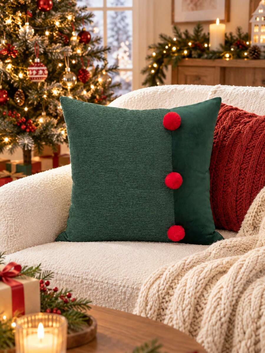 1pc/2pcs Christmas Color Block Pillow Case, Hunter Green Chenille Velvet White Pom Pom Button Cushion Cover, Dual Color Farmhouse Style Sofa Pillow Case, Suitable For Sofa And Living Room Fireplace, Holiday Winter Cozy Decor, Size 18x18 Inches, Pillow Insert Not Included - Red - View 1