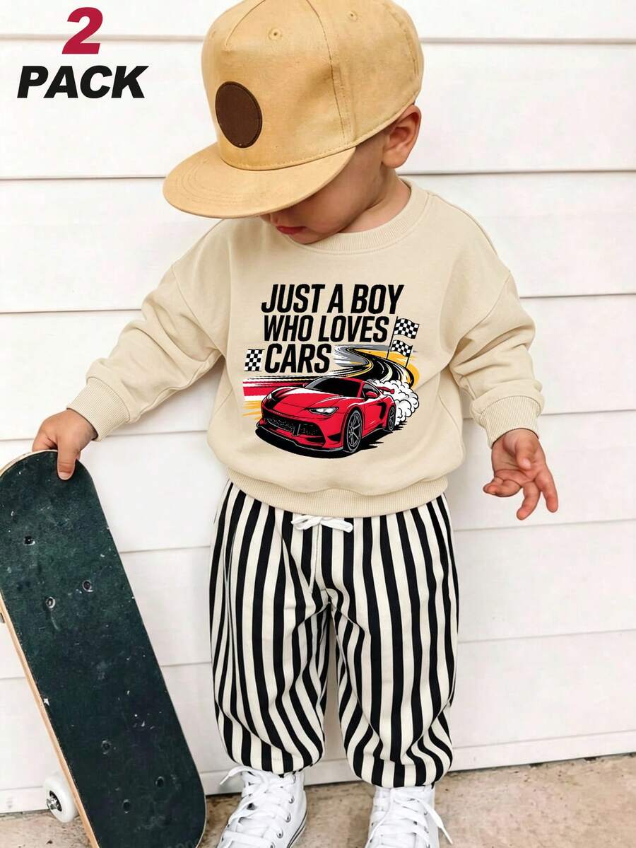 2pcs Vintage Motorcycle Style Baby Boy Outfit, Distressed Racing Print Sweatshirt With Striped Ankle Wide Leg Pants, Soft Spring Daily Wear - Apricot - View 1