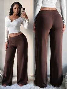 Women's Commuter Sports Elegant Modern Office Solid Color Slim Fit Flare Pants - Coffee Brown - View 1